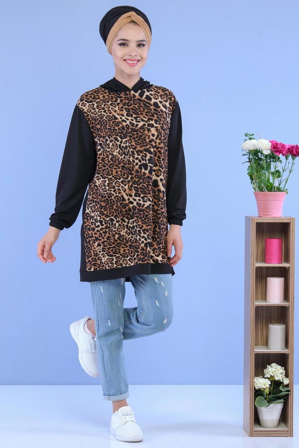 Düz Orta Kadın Siyah Leopar Desen Tunik Siyah - 02 7099 - 7099