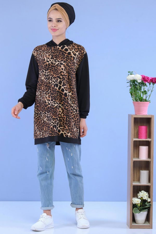 Düz Orta Kadın Siyah Leopar Desen Tunik Siyah - 02 7099 - 7099