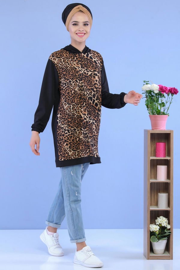 Düz Orta Kadın Siyah Leopar Desen Tunik Siyah - 02 7099 - 7099