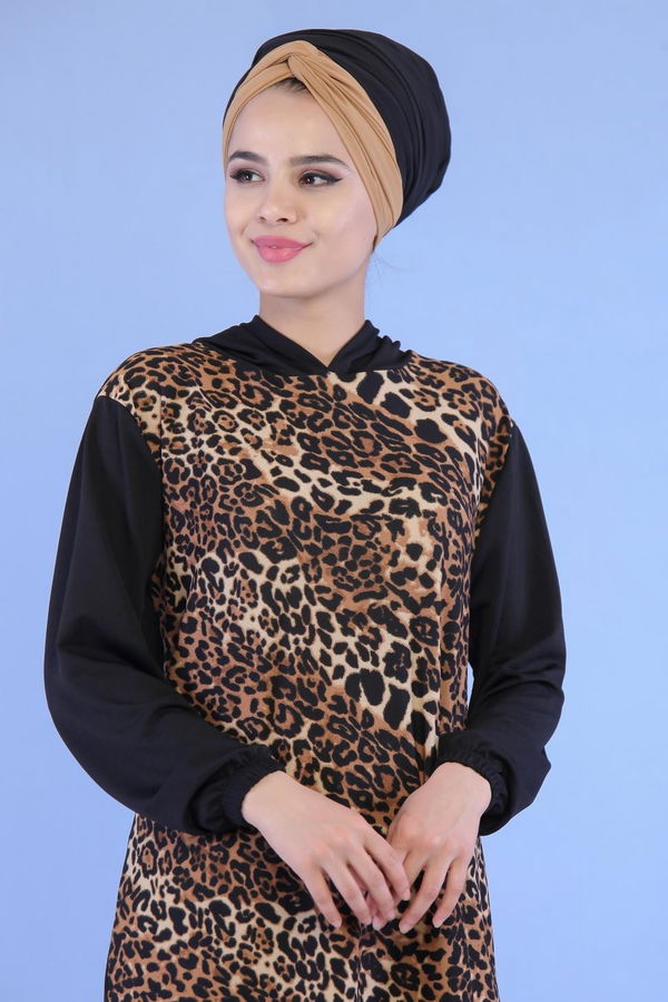 Düz Orta Kadın Siyah Leopar Desen Tunik Siyah - 02 7099 - 7099