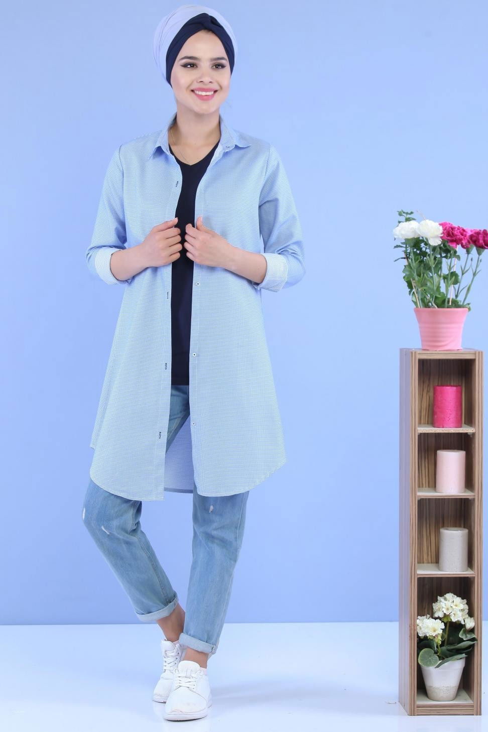 Düz Orta Kadın Mavi Keten Tunik Mavi - 02 7106 - 7106