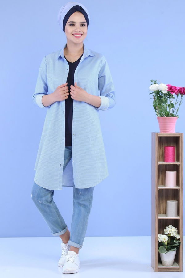 Düz Orta Kadın Mavi Keten Tunik Mavi - 02 7106 - 7106