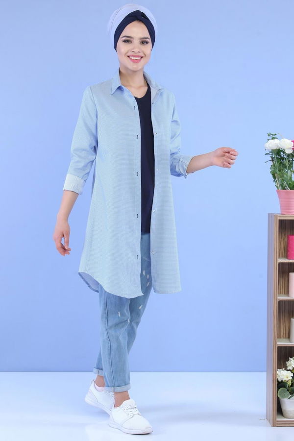 Düz Orta Kadın Mavi Keten Tunik Mavi - 02 7106 - 7106
