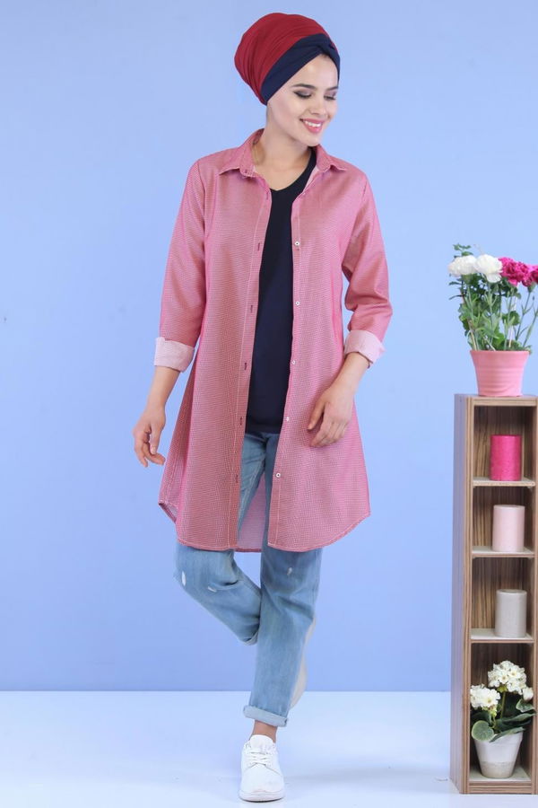 Düz Orta Kadın Kırmızı Keten Tunik Kırmızı - 02 7106 - 7106