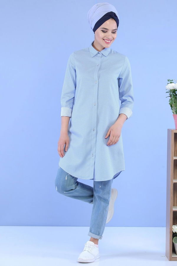 Düz Orta Kadın Mavi Keten Tunik Mavi - 02 7106 - 7106