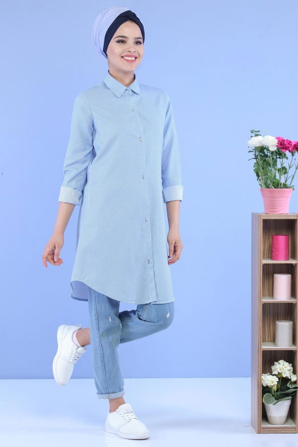 Düz Orta Kadın Mavi Keten Tunik Mavi - 02 7106 - 7106