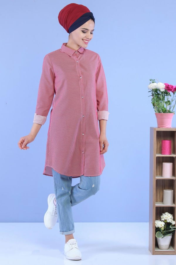 Düz Orta Kadın Kırmızı Keten Tunik Kırmızı - 02 7106 - 7106