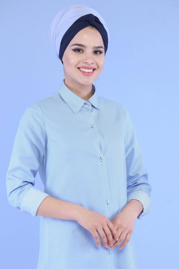 Düz Orta Kadın Mavi Keten Tunik Mavi - 02 7106 - 7106