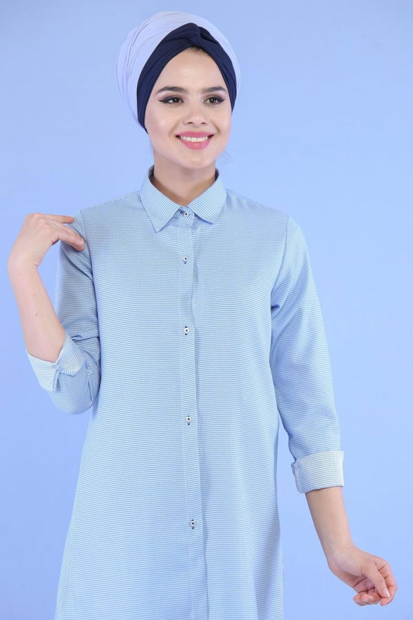 Düz Orta Kadın Mavi Keten Tunik Mavi - 02 7106 - 7106
