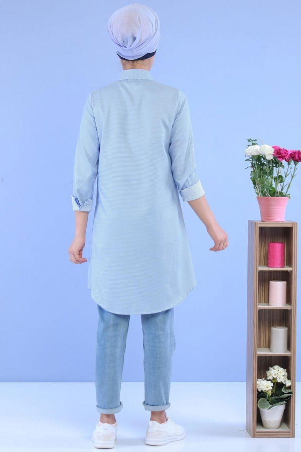 Düz Orta Kadın Mavi Keten Tunik Mavi - 02 7106 - 7106