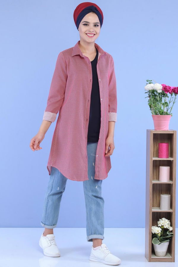 Düz Orta Kadın Kırmızı Keten Tunik Kırmızı - 02 7106 - 7106