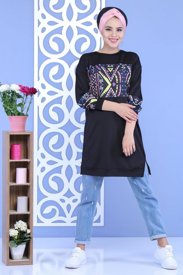Düz Orta Kadın Siyah Desen Tunik Siyah - 02 7107 - 7107