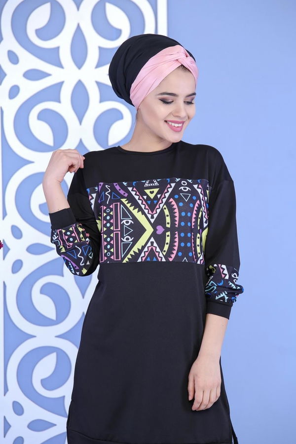 Düz Orta Kadın Siyah Desen Tunik Siyah - 02 7107 - 7107