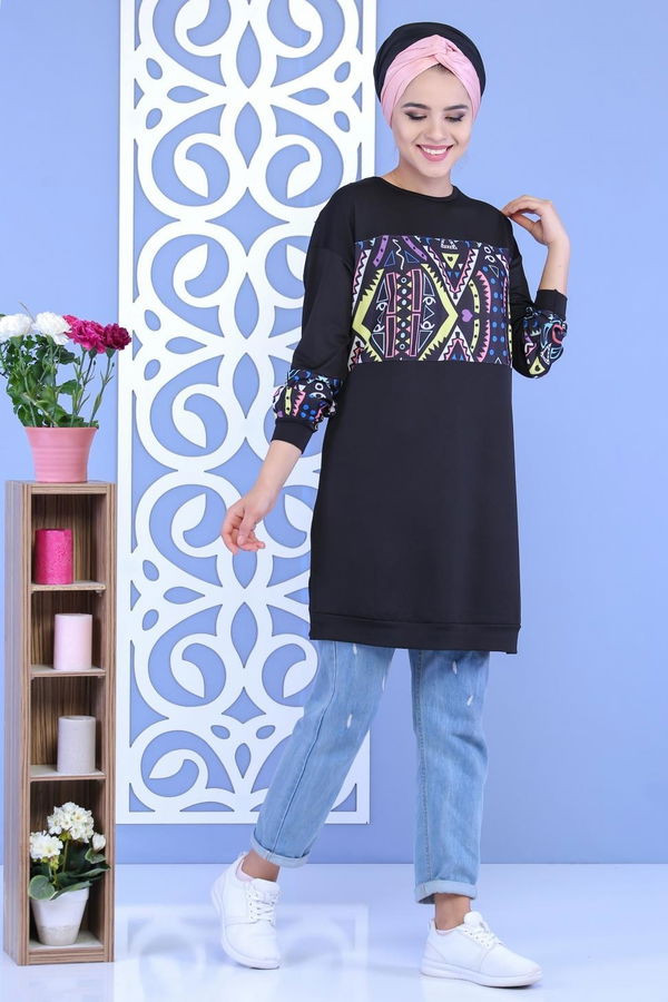 Düz Orta Kadın Siyah Desen Tunik Siyah - 02 7107 - 7107
