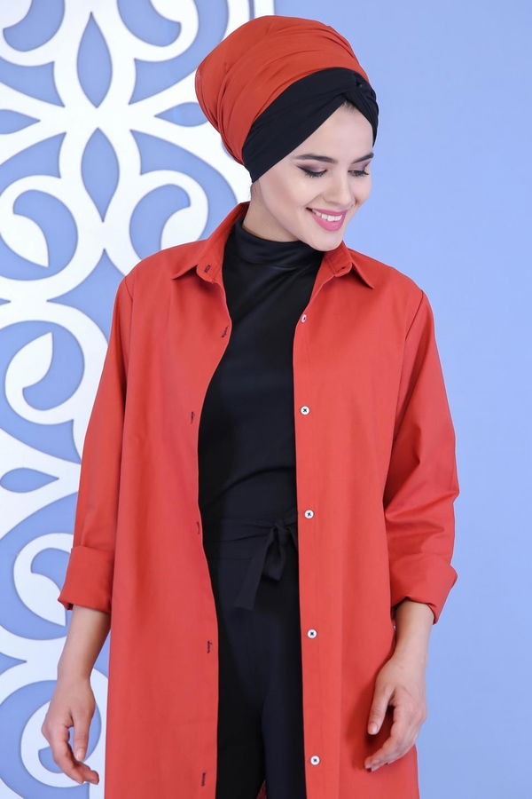 Düz Orta Kadın Kiremit Keten Tunik Siyah  - 6813 KİREMİT