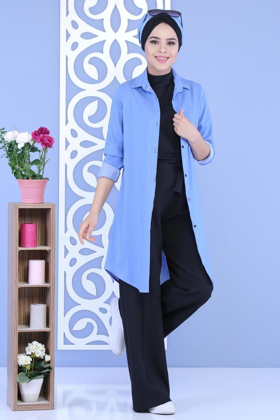 Düz Orta Kadın Mavi Keten Tunik Siyah  - 6813
