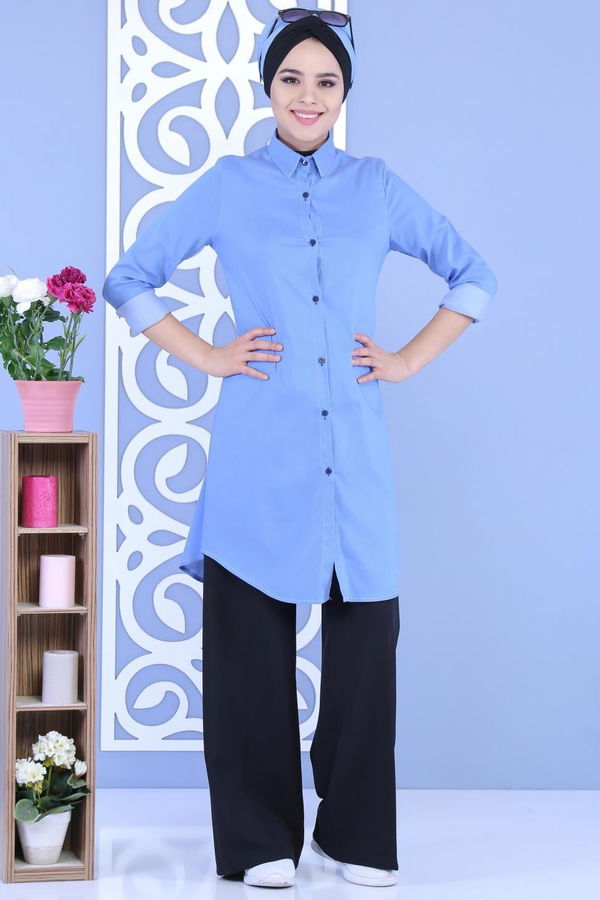 Düz Orta Kadın Mavi Keten Tunik Siyah  - 6813