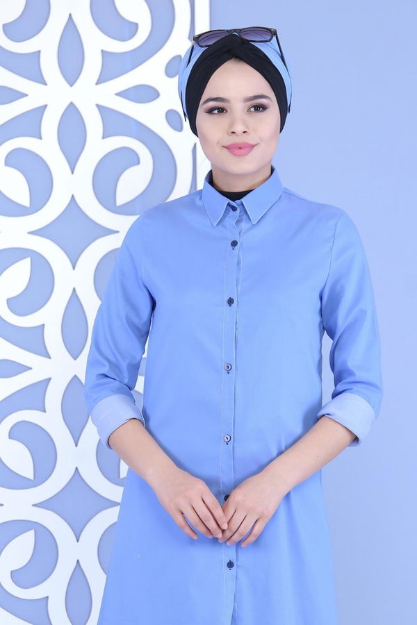 Düz Orta Kadın Mavi Keten Tunik Siyah  - 6813