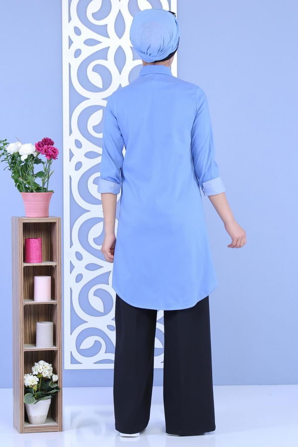 Düz Orta Kadın Mavi Keten Tunik Siyah  - 6813