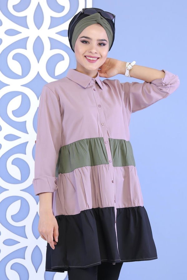 Düz Orta Kadın Pembe Parçalı Tunik Gülkurusu - 02 7115 - 7115