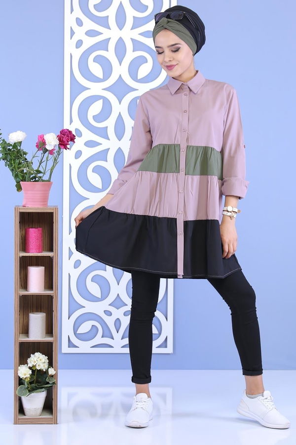 Düz Orta Kadın Pembe Parçalı Tunik Gülkurusu - 02 7115 - 7115