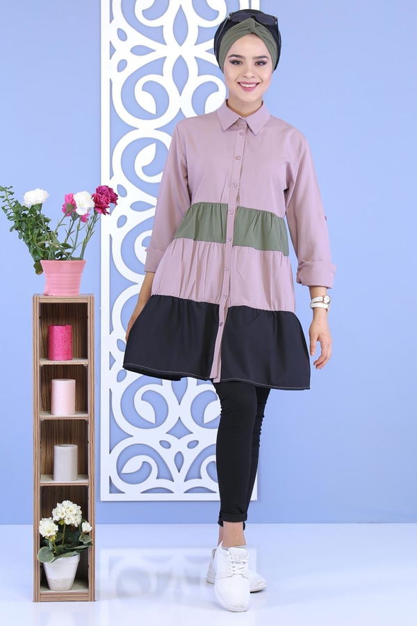 Düz Orta Kadın Pembe Parçalı Tunik Gülkurusu - 02 7115 - 7115