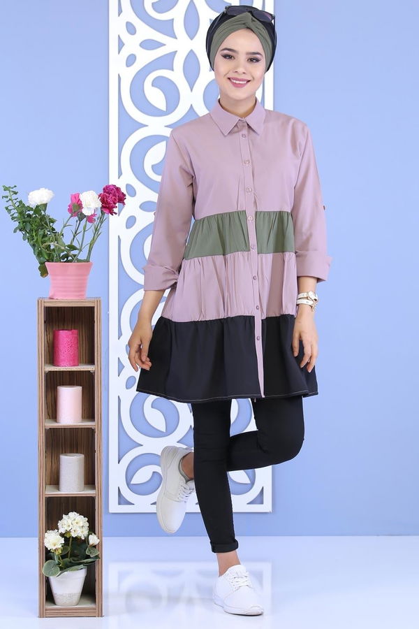 Düz Orta Kadın Pembe Parçalı Tunik Gülkurusu - 02 7115 - 7115
