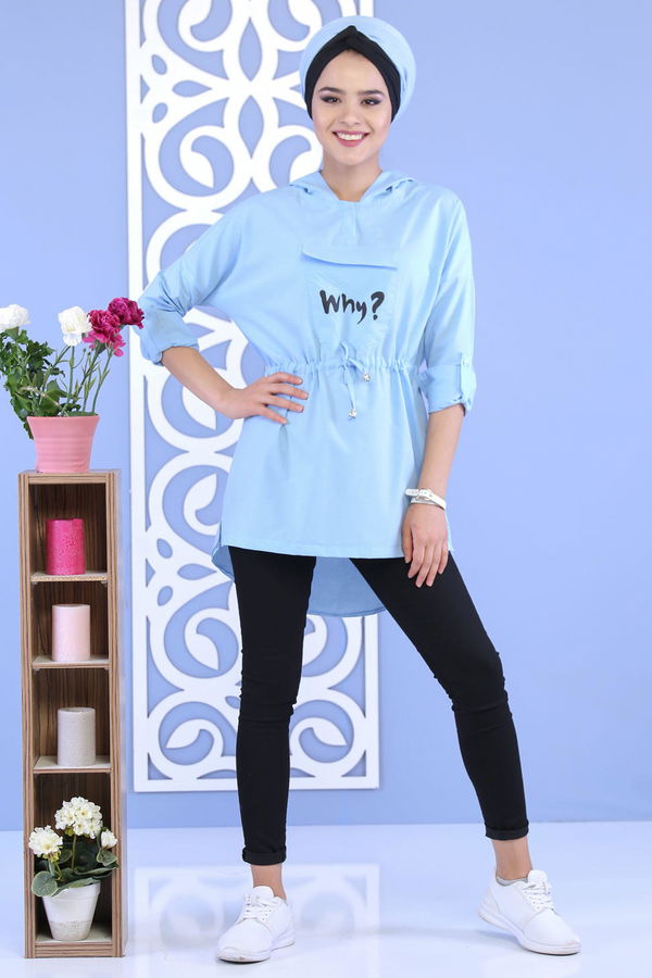 Düz Orta Kadın Mavi Kapşonlu Tunik Bebe Mavi - 02 7118 - 7118