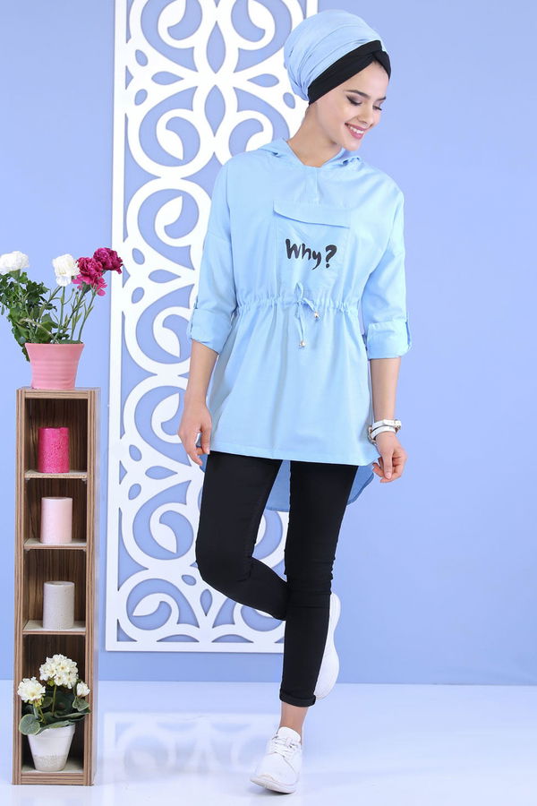 Düz Orta Kadın Mavi Kapşonlu Tunik Bebe Mavi - 02 7118 - 7118