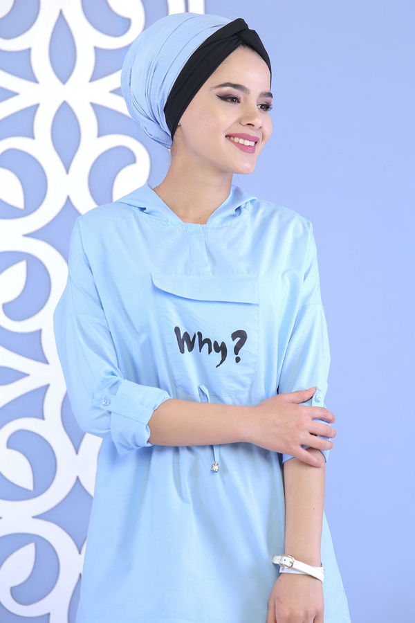 Düz Orta Kadın Mavi Kapşonlu Tunik Bebe Mavi - 02 7118 - 7118