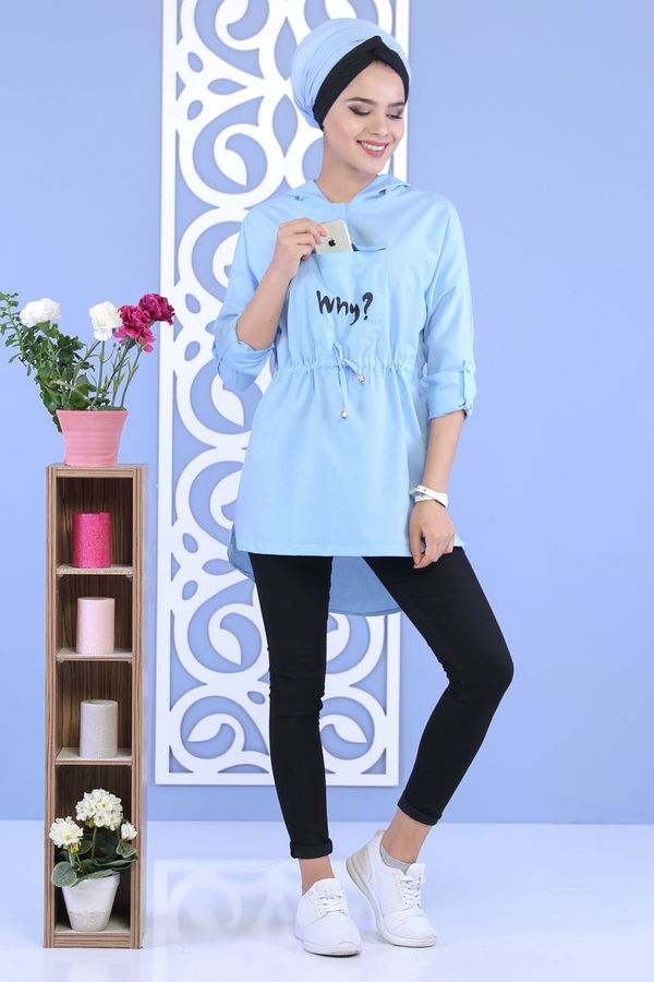 Düz Orta Kadın Mavi Kapşonlu Tunik Bebe Mavi - 02 7118 - 7118