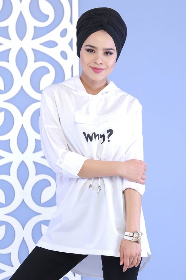 Düz Orta Kadın Beyaz Kapşonlu Tunik Beyaz - 02 7118 - 7118