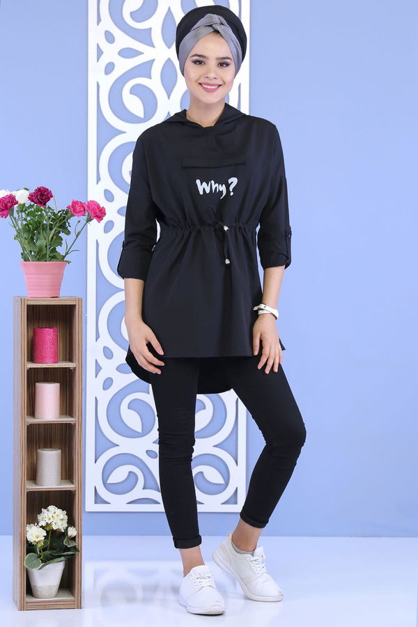Düz Orta Kadın Siyah Kapşonlu Tunik Siyah - 02 7118 - 7118