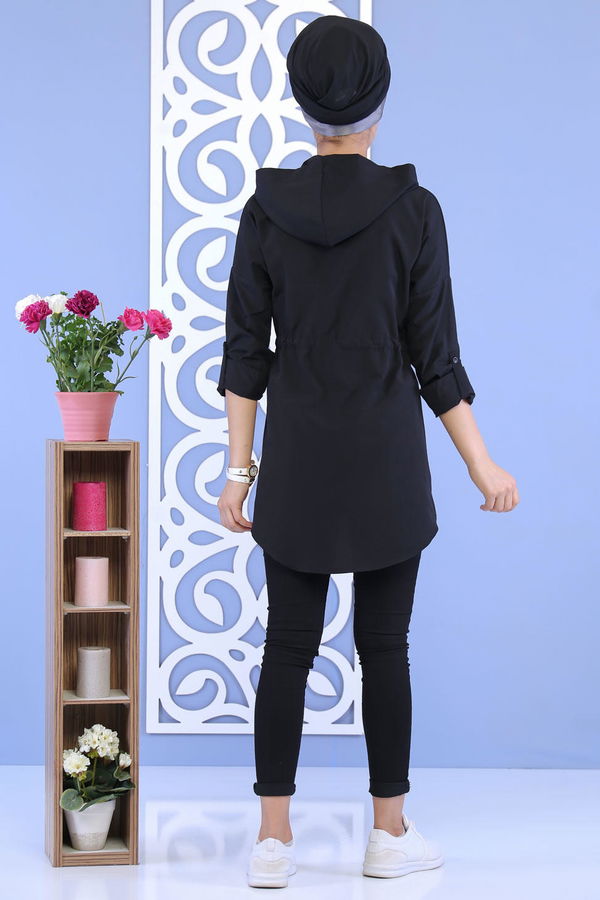Düz Orta Kadın Siyah Kapşonlu Tunik Siyah - 02 7118 - 7118
