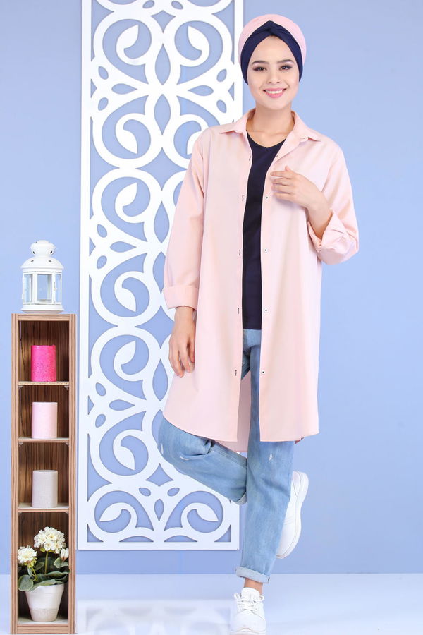 Düz Orta Kadın Pembe Keten Tunik Siyah  - 6813