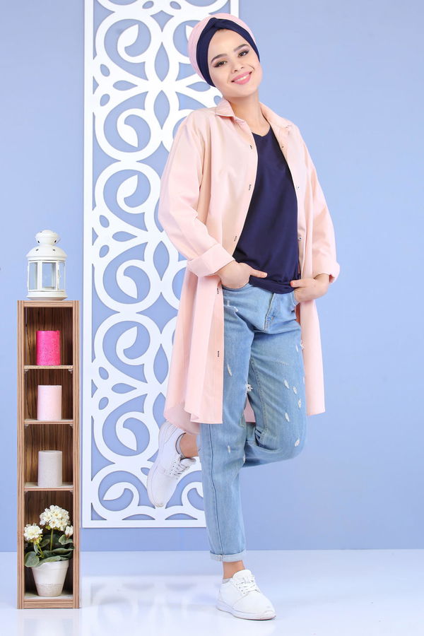 Düz Orta Kadın Pembe Keten Tunik Siyah  - 6813