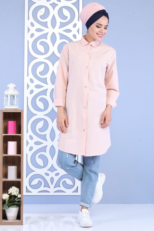 Düz Orta Kadın Pembe Keten Tunik Siyah  - 6813