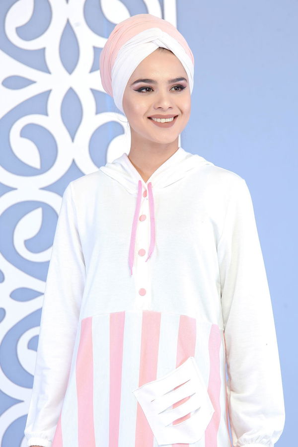 Düz Orta Kadın Pembe Kapşonlu Tunik Pudra - 03 5125 - 5125