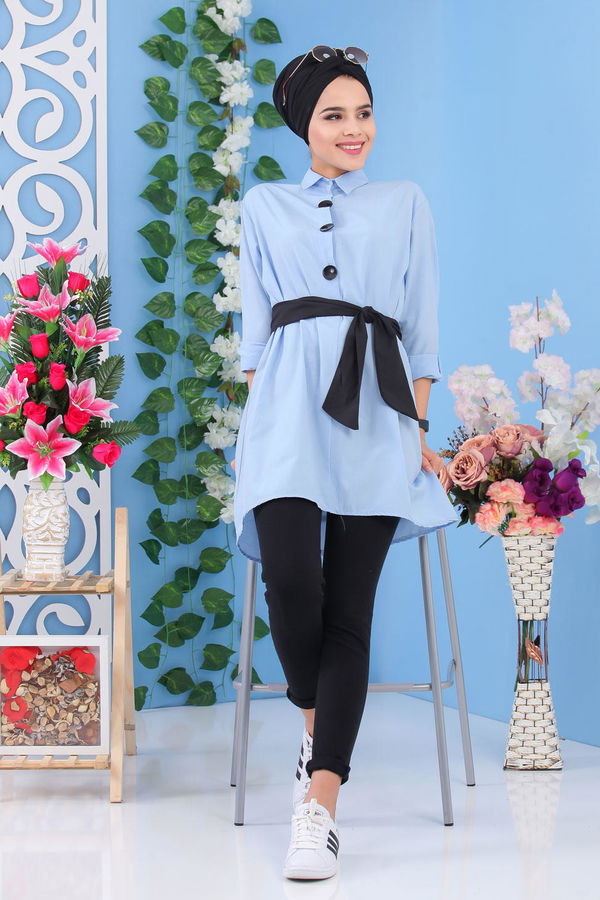 Düz Orta Kadın Mavi Kuşaklı Tunik Mavi - 02 7170 - 7170