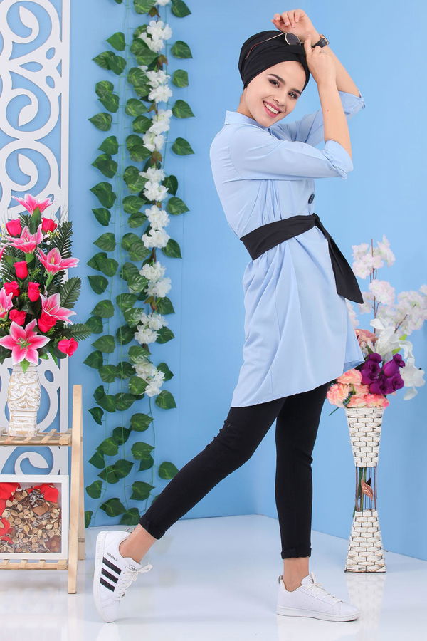 Düz Orta Kadın Mavi Kuşaklı Tunik Mavi - 02 7170 - 7170