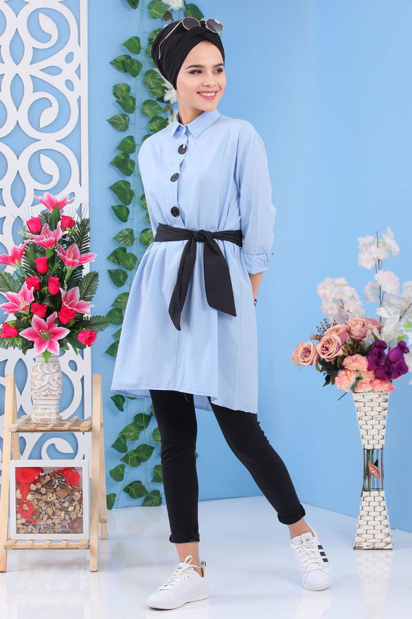 Düz Orta Kadın Mavi Kuşaklı Tunik Mavi - 02 7170 - 7170
