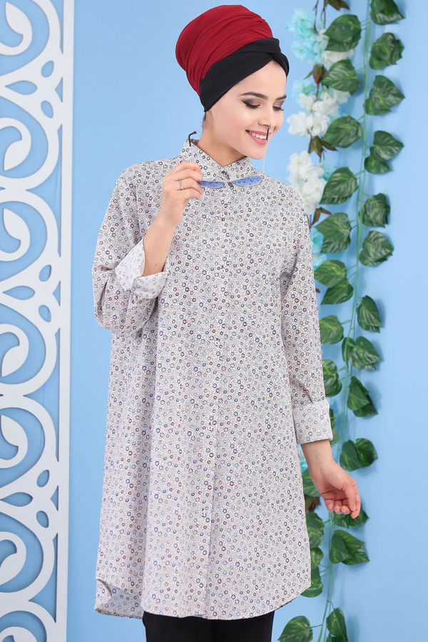 Düz Orta Kadın Bej Desenli Tunik Bej - 02 7183 - 7183