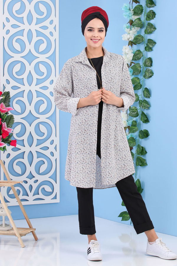 Düz Orta Kadın Bej Desenli Tunik Bej - 02 7183 - 7183