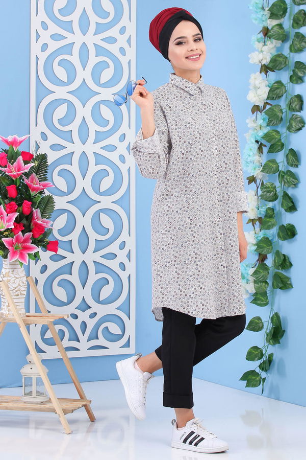 Düz Orta Kadın Bej Desenli Tunik Bej - 02 7183 - 7183