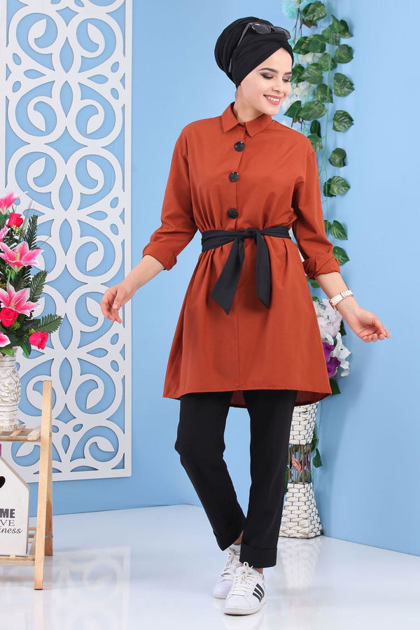 Düz Orta Kadın Kiremit Kuşaklı Tunik Kiremit - 02 7170 - 7170