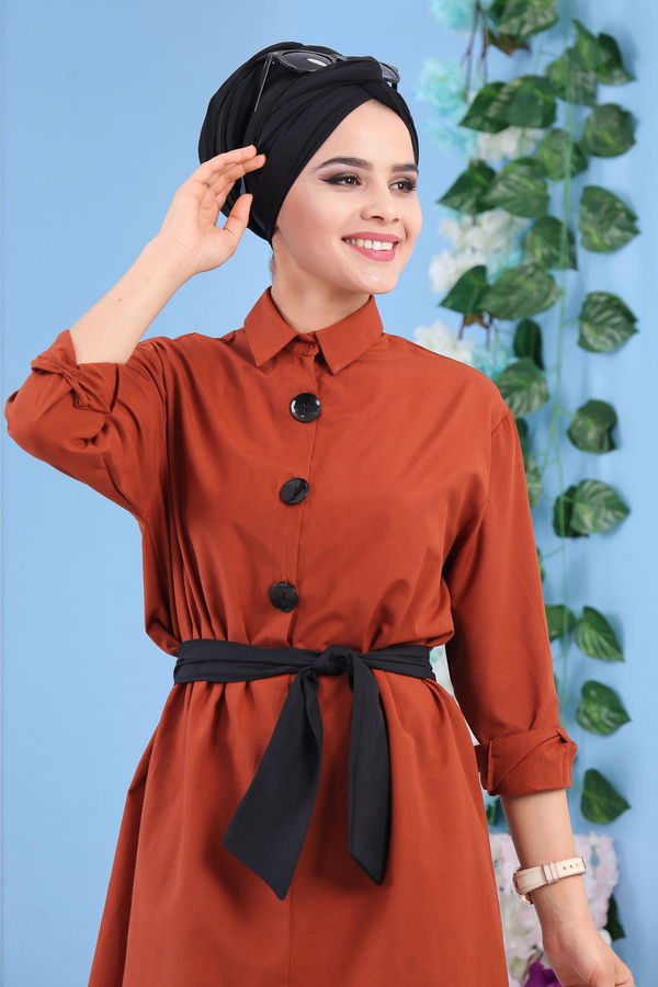 Düz Orta Kadın Kiremit Kuşaklı Tunik Kiremit - 02 7170 - 7170