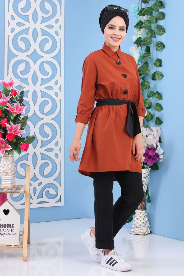 Düz Orta Kadın Kiremit Kuşaklı Tunik Kiremit - 02 7170 - 7170