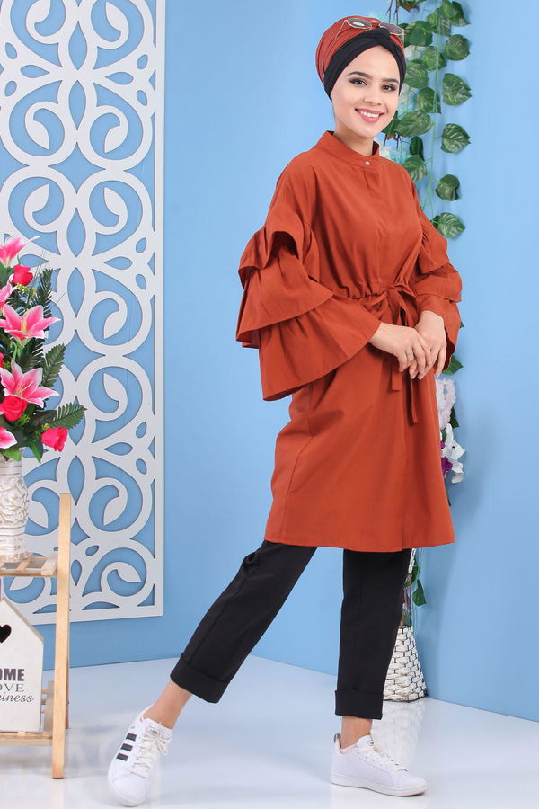 Düz Orta Kadın Kiremit Volonali Tunik Murdum  - 7194