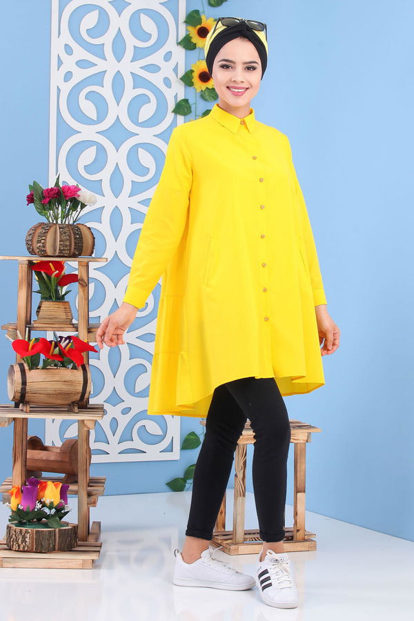 Düz Orta Kadın Sarı Cepli Tunik Sarı - 02 7213 - 7213 Sarı