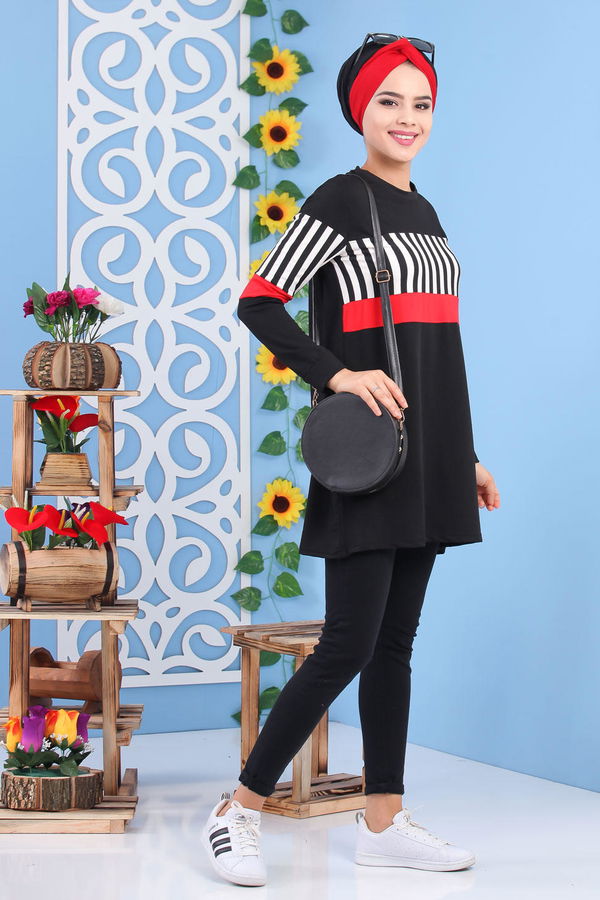Düz Orta Kadın Siyah Çizgili Tunik Siyah - 02 7214 - 7214